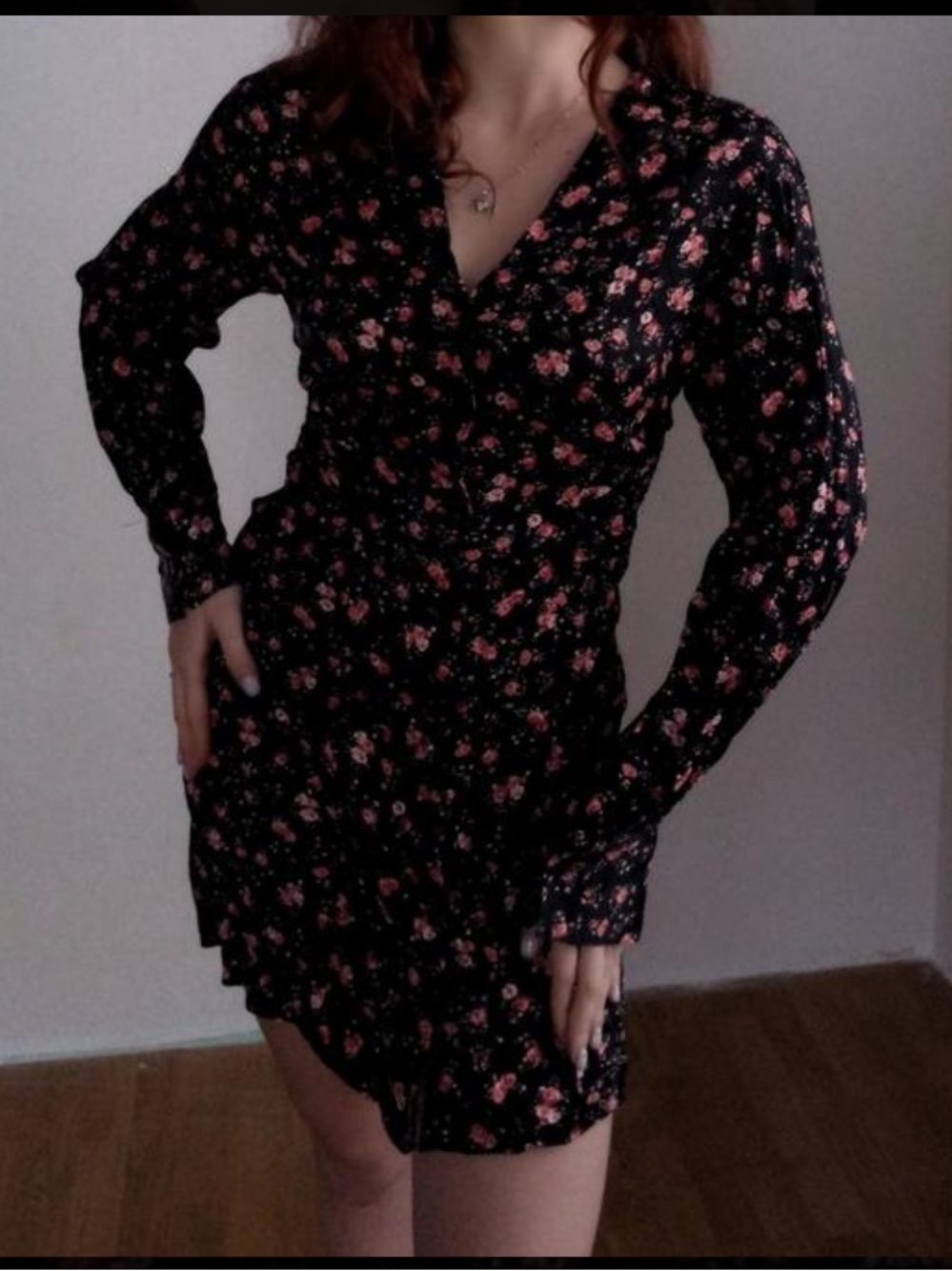 Zara Black Mini Dress with Pink and Cream Floral Print